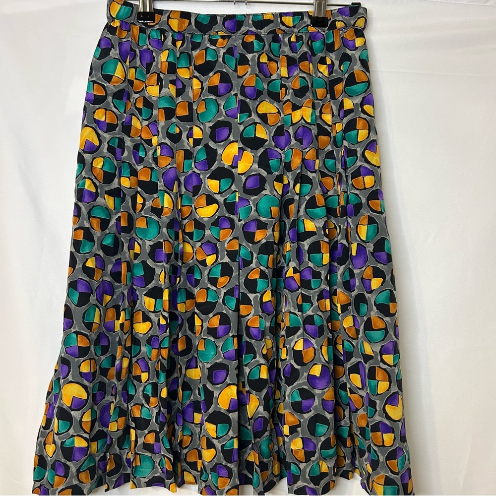 Vintage Adolfo Saks Fifth Avenue Pleated Silk Skirt Grey Gold Teal Dots Small